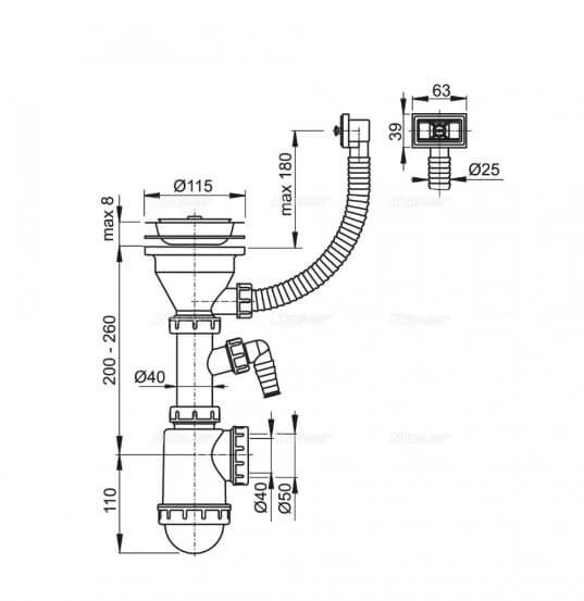 Сифон для мойки d115 ALCAPLAST A447P-DN50/40 
