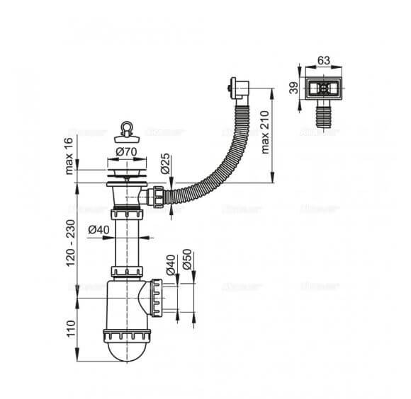 Сифон для мойки с нерж.реш.d70 с гофропереливом ALCAPLAST A444-DN50/40 