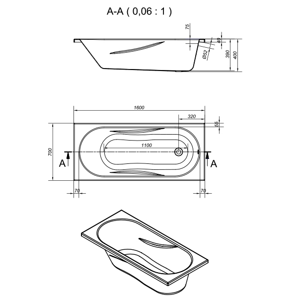 Ванна 1600х700 Mito Red Green Cersanit WP-MITO_RED*160-W