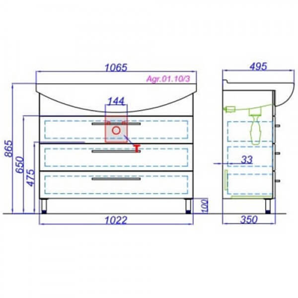 Тумба с раковиной 105 напольная Аллегро Aqwella Agr.01.10/3