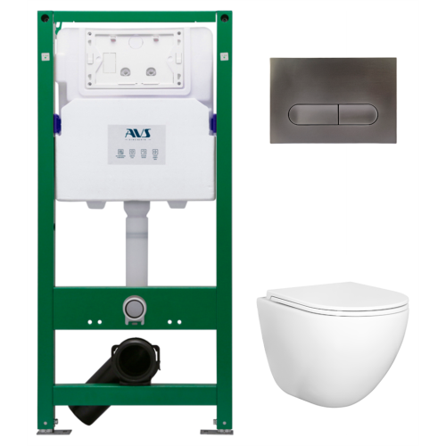 Комплект AVS 3в1: Инсталляция для унитаза 809-0006-7732C + Унитаз подвесной 801-0045-P-T2-GW + Клавиша смыва 809-0015-GM оружейная сталь, овальные кнопки