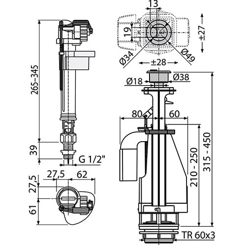 Арматура для унитаза 1/2 двойной смыв кнопка Alcaplast SA08S