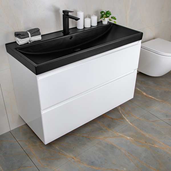 Тумба с раковиной AVS Гармония 100 белая (раковина 02 черная матовая)
