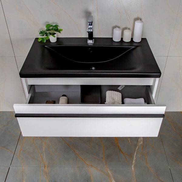 Тумба с раковиной AVS Графика 80 белая матовая с черной ручкой и раковиной