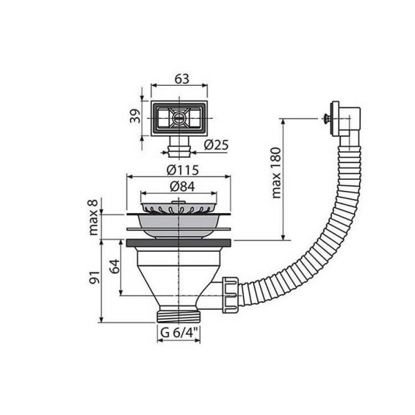 Водослив сифона для мойки с гофропереливом d115 Alcaplast A38
