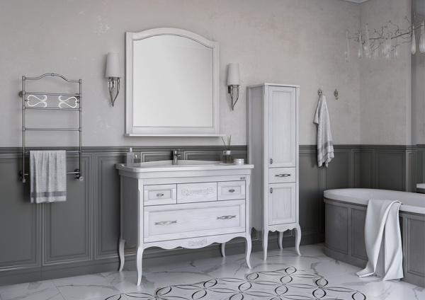 Тумба с раковиной ASB Wood Line Модерн 105 белая, патина серебро