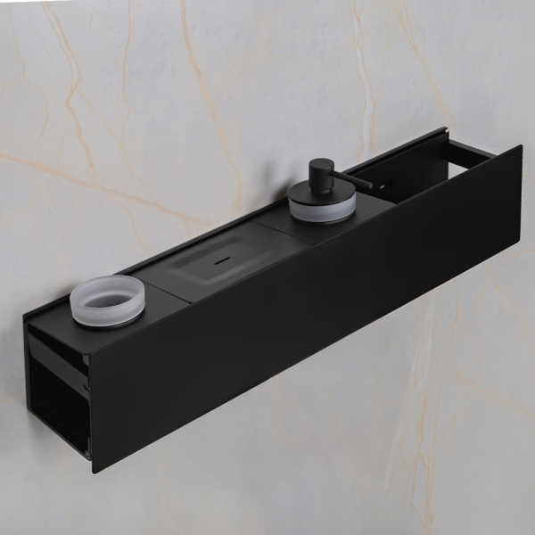 Полка AVS King, 65 см, черный матовый, с мыльницей, дозатором и стаканом